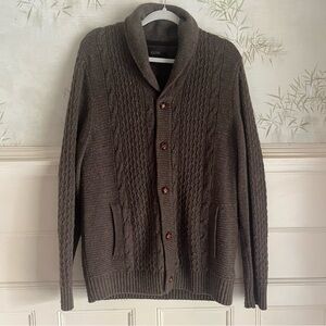 Men’s Wool Blend Chunky Cable Knit Brown Cardigan Shawl Neck Elbow Patches M